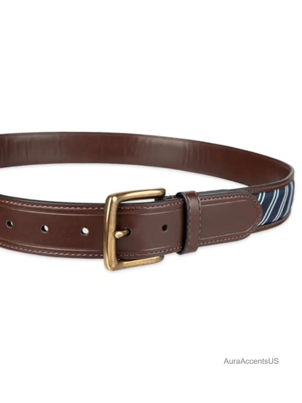 Men's Leather Ribbon Inlay Casual Belt with Polished Metal Buckle